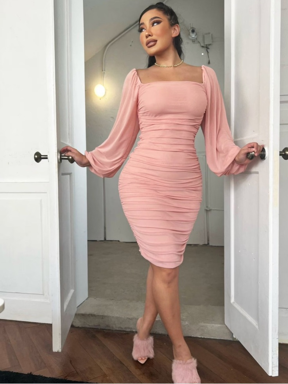 Pink Ruched Bodycon Dress Teens Graduation Prom Wedding Party Pastel Light Mesh